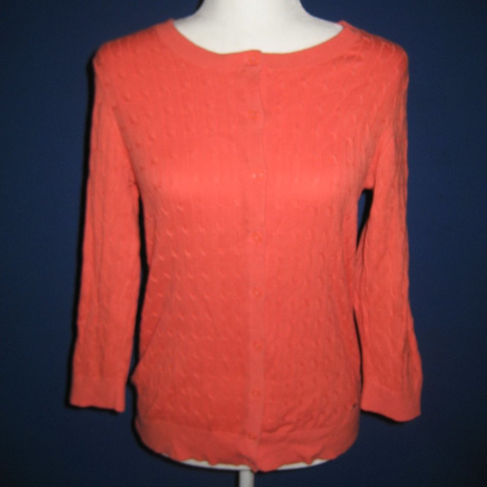 Tommy Hilfiger Coral Orange Cable Knit Button Cardigan 3/4 Sleeves Size Medium M